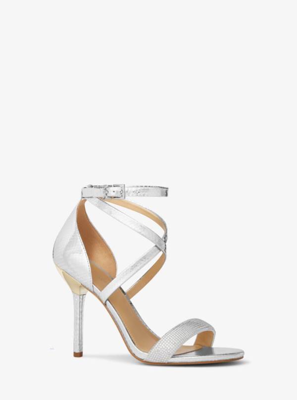 Damske Sandále Michael Kors Astrid Embellished Metallic Snake Embossed Leather Strieborne - Topanky Michael Kors Sleva | LSJKC-7349